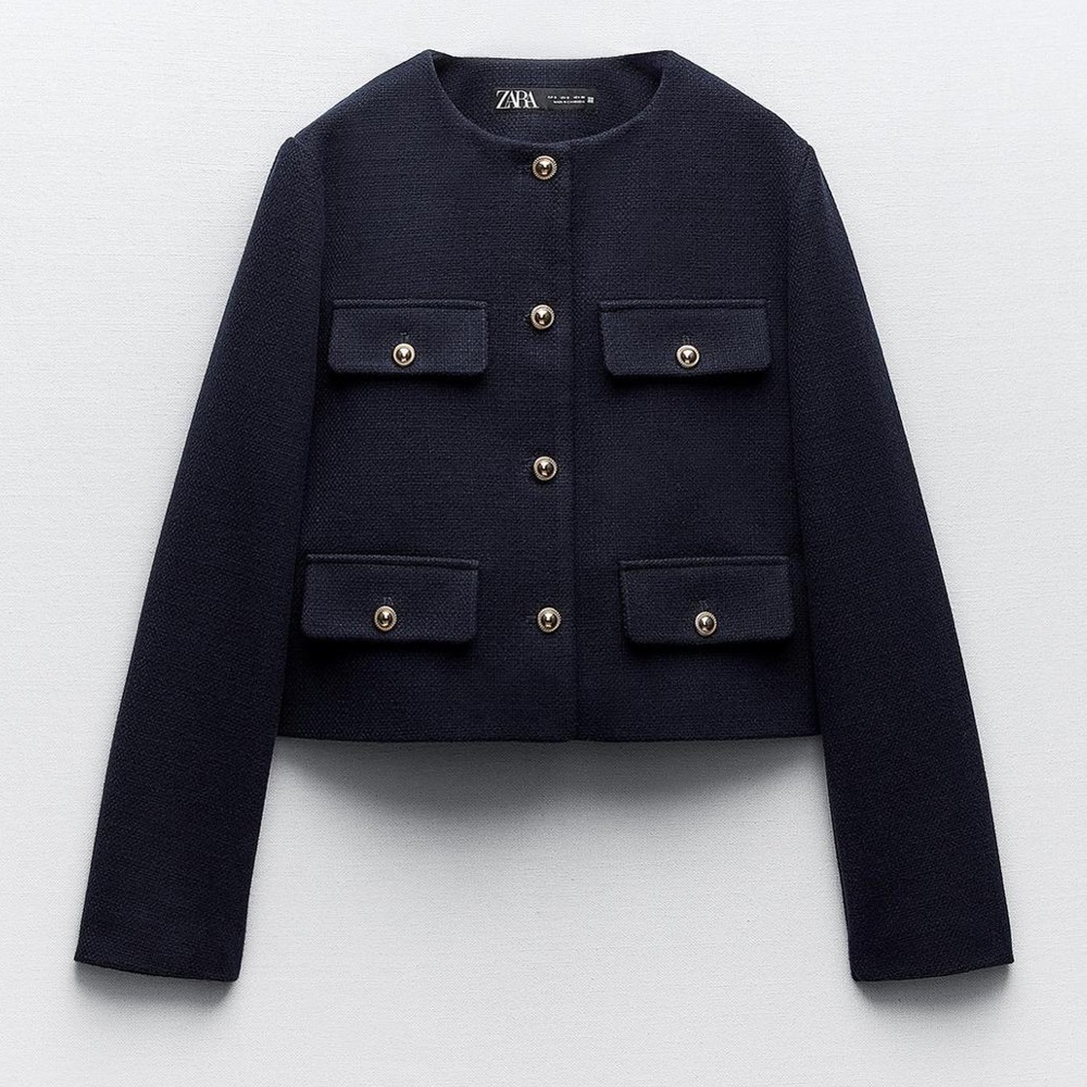 ZARA Navy Cropped Button-Front Pocket jacket